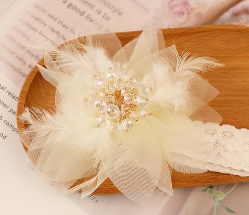 Bethynas Baby Girls Lace Feather Headband Beads Gauze Flower Elastic Toddler Hairband Birthday Party Princess Hair Accessories for Newborn Infant (White)2