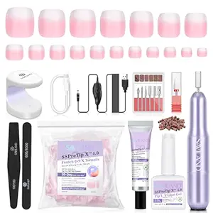 SAVILAND Gel Nail X Kit for Toes: 216 Pcs Toenail Press Ons White Pink Ombre Fake Toe Nails Long Lasting Solid Nail Glue Gel Nail Dryer Acrylic Nail Drill for Quick Nail Extension Starter Home DIY