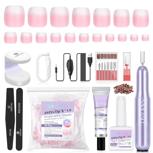 SAVILAND Gel Nail X Kit for Toes: 216 Pcs Toenail Press Ons White Pink Ombre Fake Toe Nails Long Lasting Solid Nail Glue Gel Nail Dryer Acrylic Nail Drill for Quick Nail Extension Starter Home DIY