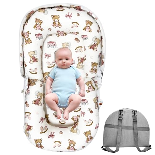 Image of Baby Lounger, Foldable Portable Waterproof Baby Nest Cover, 0-24 Months Newborn Tummy Time Training & Seating Support Pillow, Dual-Use Breathable Infant Lounger Backpack for Home & Travel (Pink Bear)