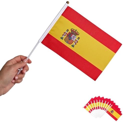 Runesol 12er Packung Spanische Handfahnen, 14 cm x 21 cm Stockfahnen, Mini-Handfahnen Spanien, Party-Deko, handgehaltene Flaggen, Spanien kleine Flaggen, Sport, Dreikönigstag