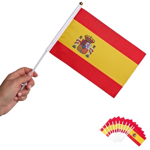 Runesol Pack de 12 Banderas Española Miniatura, 14cm x 21cm, Bandera de Mano Internacional, Bandera en un Palo, Decoración de Banderas, Española, Deportes, Eventos, Epifanía