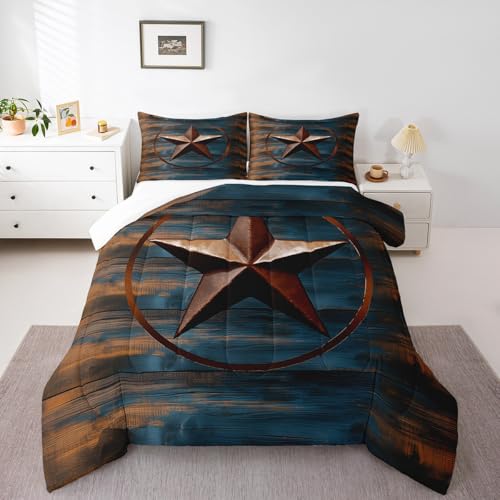 Image of Rustic Texas Star Comforter Western Texas Comforter Set for Boys Girls Navy Blue Wood Boards Bedding Set Country Farmhouse Duvet Set Room Decor Quilt Full Size Boys