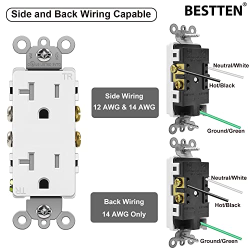 [10 Pack] Bestten 20 Amp Wall Receptacle Outlet, Tamper-Resistant (Tr), Commercial Grade, 20A/125V/2500W, Ul Listed, White #TOP4