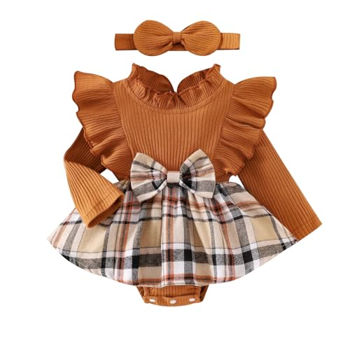 Image of DOMOABEI Baby Girl Clothes Cute Plaid Romper Dress Ruffle Long Sleeve One-piece Jumpsuit Bodysuit with Bow Headband