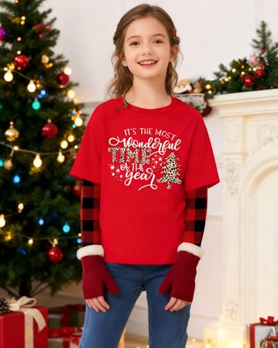 Christmas Shirts for Kids Girls Boys Christmas Tree Graphic Tee Xmas Long Sleeve Stripe Plaid Tops — view 2