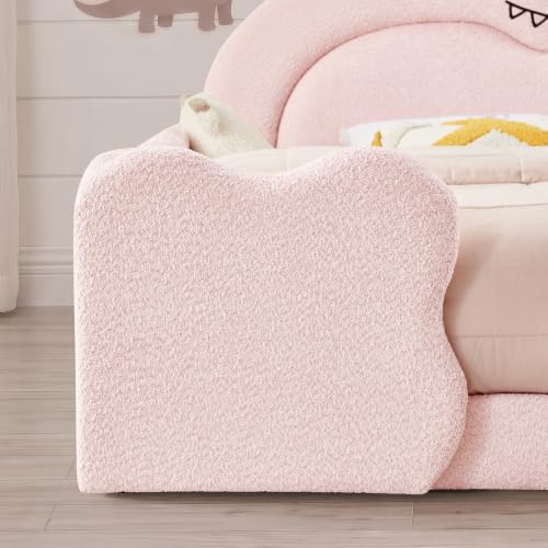 Image of Full Bed Frame for Kids, Floor Platform Bed Dinosaur, Pink