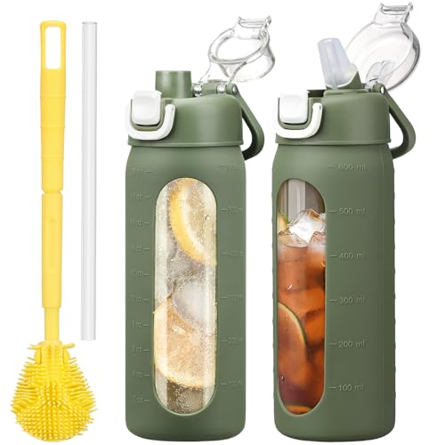HYDRAGLAZIC 600ml Gourde en Verre,Avec 2 Couvercle Bouteille d'eau Motivation Graduée Pour 1 Journee Avec Marqueur de Temps Housse en Silicone, Sport Gourde Reutilisable, Olivier
