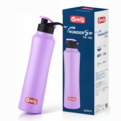 Image of GRECY Tic Toc 800ml Stainless Steel Water Bottle Lavender Purple | Single Wall Fridge Bottle | Flip Cap Leak Resistant | BPA Free Food Grade Steel Lightweight | Office,School,Gym,Travel Made in India