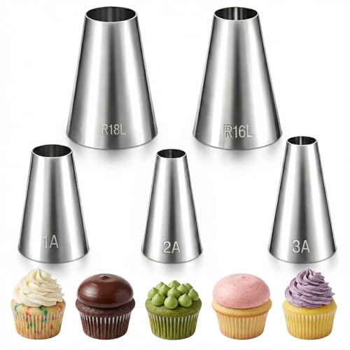 TIESOME 5 stycken spritstyllset, rostfritt stål munstycken för tårtdekoration professionella hål stora spritstyllar piping tips för spritpåse bakning verktyg för tårtor kakor kakor cupcakes