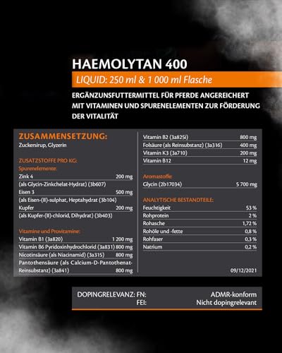 EQUISTRO® Haemolytan 400 | Ergänzungsfuttermittel für Pferde | Unterstützung der Vitalität | Kann zur Verbeserung der allgemeinen Leistungsbereitschaft beitragen | 250 ml