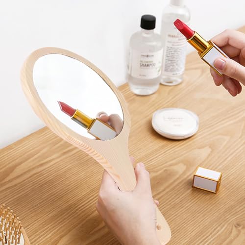 Espejo de maquillaje portátil con marco de madera miniatura 2