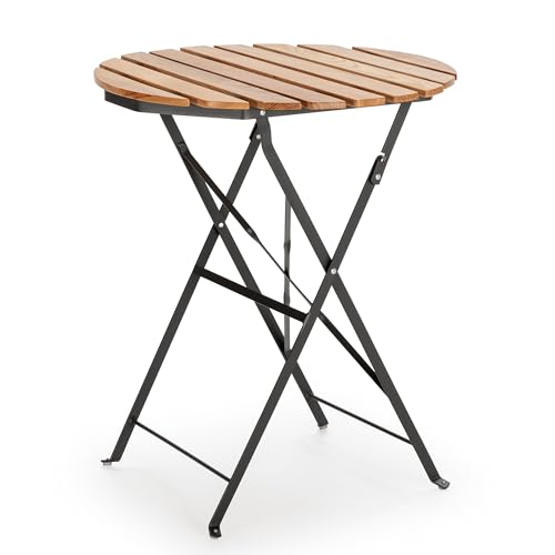 HOMN LIVING Mesa de Jardín Plegable Ambar Redonda de Madera y Metal Negro, 60 cm diámetro