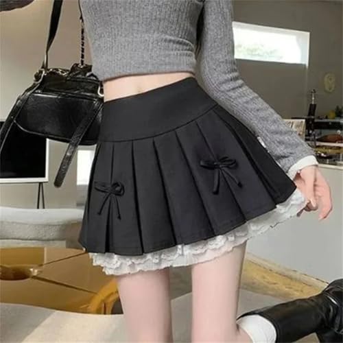 Womenn High Waist College Pleated Lace Preppy Bow A-Line Pleated Skirt3