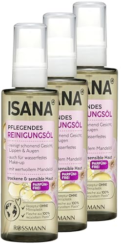 ISANA Pflegendes Reinigungsöl, 300ml (3x 100 ml Flaschen) - Reinigt schonend Gesicht, Lippen und Augen - Besonders geeignet für trockene und sensible Haut
