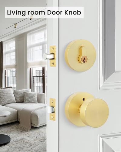 Image of Goldenwarm Gold Door Knobs with Deadbolt, Zinc Alloy Exterior Front Door Knobs and Single Cylinder Deadbolt, Matte Black Front Door Locks Set (2 Pack)