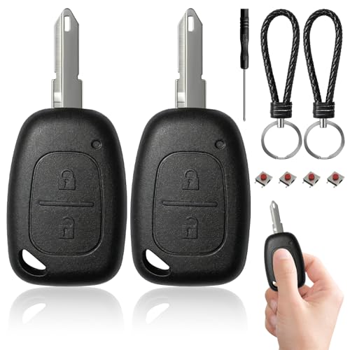 2 Coques Clé 2 Boutons Compatible pour Renault Kangoo Master Trafic Opel Vauxgall Vivaro Nissan Primastar – avec 2 Lames, 2 Porte-Clés Tissés, 4 Boutons...