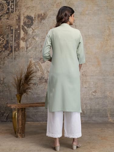 Image of feranoid Women's Plain Cotton Kurta with Mandarin Collar, 3 /4 Sleeves & Pocket