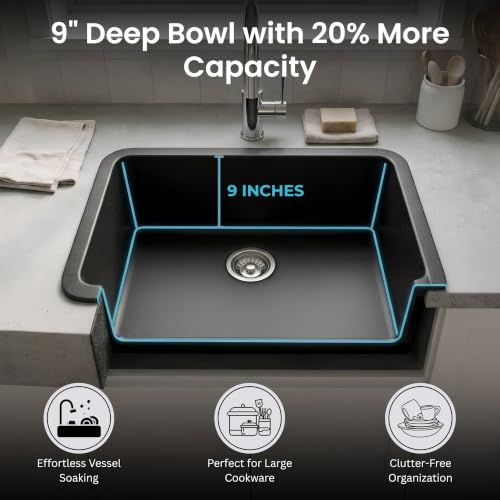 Image of GLOXY Premium Quartz Granite Single Bowl Kitchen Sink 31x19x9 Inches - Black Matte Finish Quartz Sink For Kitchen - Kitchen Sink With Coupling Hose Pipe and Drainer Basket & Undermount & Topmount