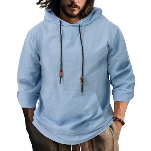 evzosrz Mens Hoodies Linen Casual Pullover Long Sleeve Hooded Sweatshirt Lightweight Gym Hoodie Shirt with Kanga Pocket2