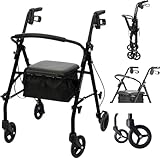 MedMotion Andador plegable y ligero con asiento, ligero, altura ajustable, ruedas giratorias, soporta hasta 136 kg, fácil de plegar (negro)