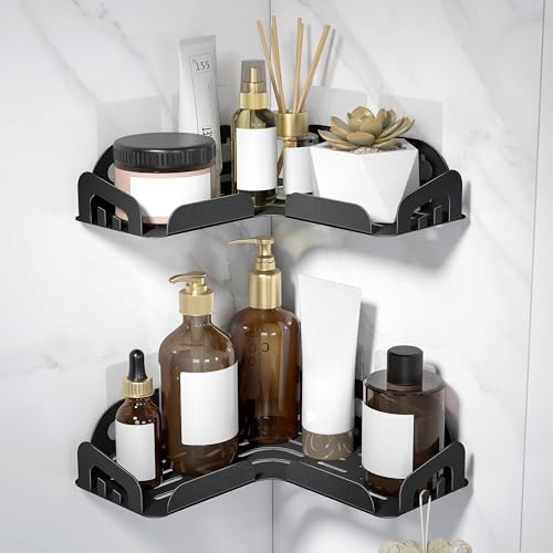 Image of Plantex Self Adhesive Corner Shelf for Bathroom Wall /Stainless Steel Wall Mounted Corner Bathroom Shelf-Pack of 2 (10x10 Inch, Black)