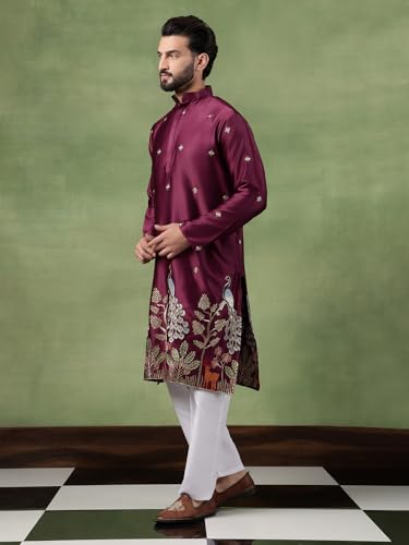 Image of SOJANYA (Since 1958 Men's Cotton Silk Flora & Fauna Embroidered Long Kurta