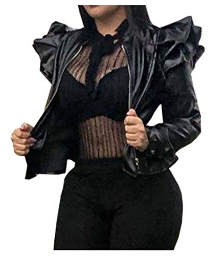 LifeShe Women's Ruffle Sleeve Peplum Faux Leather Black Crop Jacket Blazers