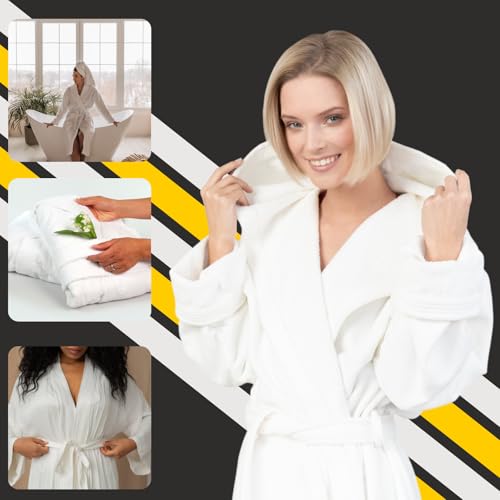 Bathrobes 100% Egyptian Cotton soft Terry Toweling Luxury Dressing Gown Unisex Hooded Bathrobes Womens Mens Extra Absorbent Hotel Quality 650 GSM Cosy Dressing Gowns Housecoat Nightwear (M, White) - Image 3