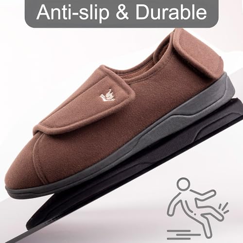 Image of Men's Memory Foam Diabetic Slippers with Adjustable Closure, Extra Wide Comfy Warm Plush Fleece Arthritis Edema Swollen Diabetic House Shoes Machine Washable with Anti Slip Sole