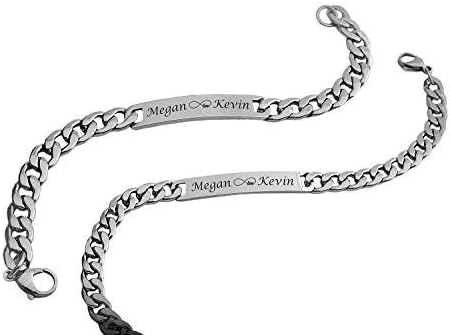 Miniatura 4 de Pulsera personalizada de plata para él y para ella con eslabones de bordillo, grabado personalizado gratis - Se envía desde Estados Unidos, Acero