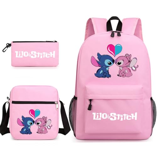 Stitch - Mochila de 3 piezas para niños, estuche para lápices, bandoleras para jóvenes, con dibujos animados, a la moda, adecuada para adolescentes y estudiantes, rosa 2, Talla única, Informal