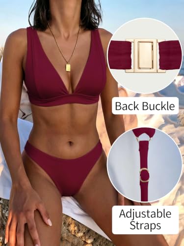 Image of Bathing Suits for Women Deep V Neck Sexy Two Piece Bikini Sets for Women Thong Halter Cheeky Swimsuit