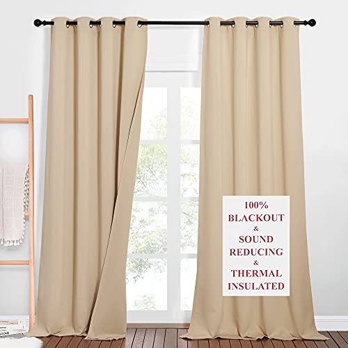 NICETOWN Thermal Insulated 100% Blackout Curtains, Noise Reducing Performance Drapes with Felt Fabric Liner, Full Light Blocking Panels for Patio (Bis