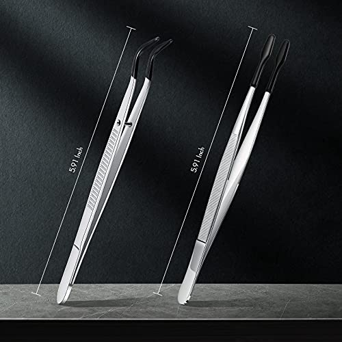 2 Pieces Tweezers With Rubber Tips Set Pvc Rubber Coated Tips Bent And Straight Flat Tip Tweezers Stamp Coins Jewelry Hobby Crafts Industrial Electronic Tweezers Tools (Silver, Black) #TOP2