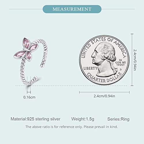 Qings Butterfly Adjustable Ring 925 Sterling Silver Open Animal Rings Stackable Statement Ring Pink Cubic Zirconia Twisted Rope Ring Butterfly Jewelry Birthday Gifts For Women Teen Girls #TOP7