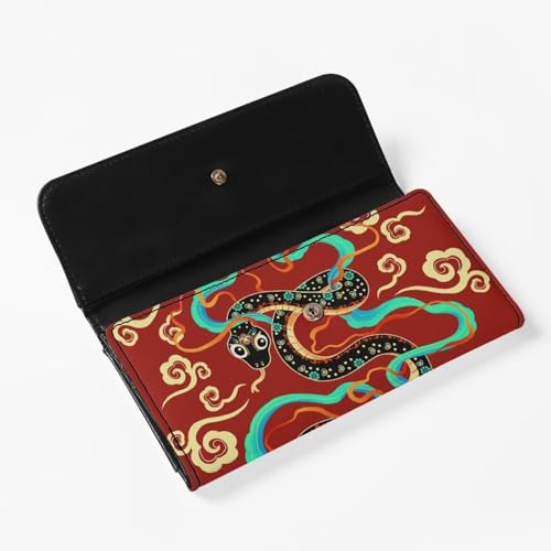 Chinese Year Of Snake Long Wallet for Women Red Faux Leather Slim Clutch Purse Wallet, Lucky Cloud Print Zipper Phone Organizer Purse4