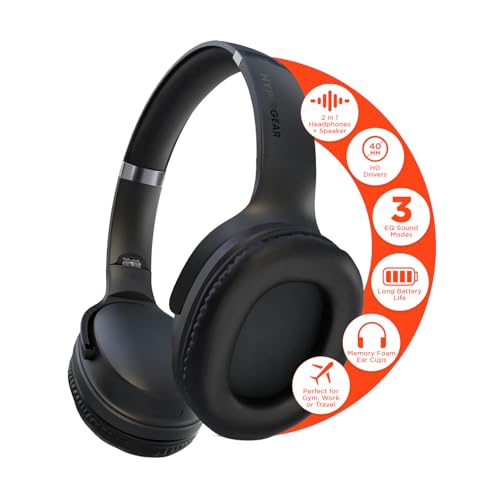HyperGear Black Wireless Headphones - Over Ear Bluetooth Headphones, Over the Ear Noise Cancelling Gym Head Phones Women & Men Wireless Bluetooth Workout Flip Earcups In for Solo, Out for Stereo Music