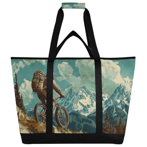 Sasquatch Drive Bike Large Insulated Tote Bag for Grocery Shopping Reusable Tote Bags for Women Men, Cooler Bag with Zippered Top & Handles for Beach Picnic Travel