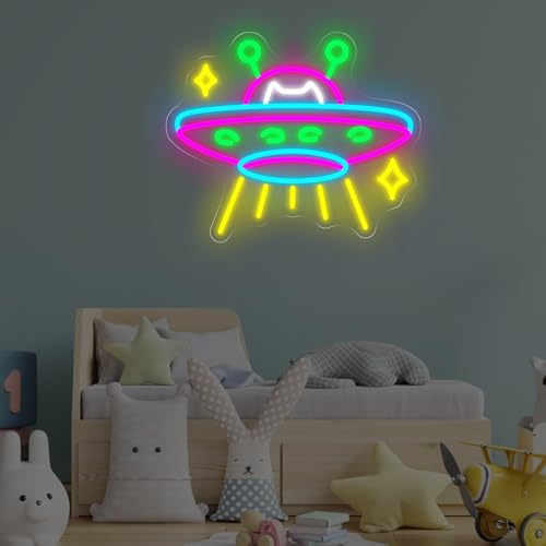 Image of UFO Neon Sign, UFO Cat Led Sign, Neon Led Wall Art, Game Room Neon Sign, Custom Neon Signs, Flying Saucer Bedroom Decor, Gift for Kids, 15.7 inchx13 inch