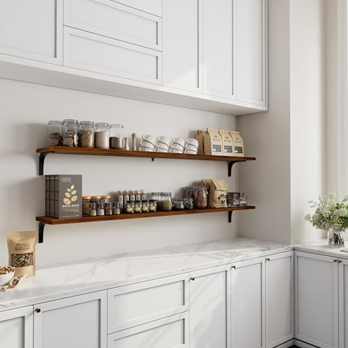 Image of 12 Inch Deep Floating Shelves Set of 2, 72 Inch Extra Wide Vintage Walnut Solid Wood Wall Shelves, 6ft Heavy Duty Farmhouse Wall Mounted Shelving for Kitchen, Living Room & Bedroom