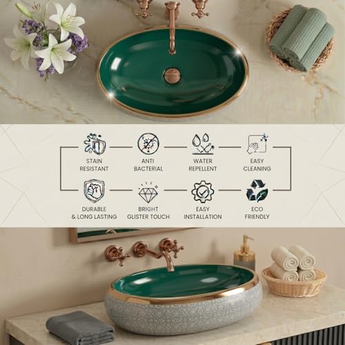 Image of BASSINO 24x16x6 Inches Table Top Washbasin /1 Year Warranty /Ceramic Wash Basin for Bathroom /Oval Shape Counter Top Wash Basin for Restaurant /Dining Hall /Living Room /Home(Glossy Green & Gold)