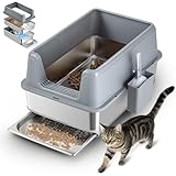 TIUUBT 23.6''x15.6''x12'' Stainless Steel Sifting Litter Box with Sifter, Pine Pellet Litter Box with Lid for Big Cats, Built-in Sifter, No Waste Bag Needed, Easy to Clean & Durable (Grey)