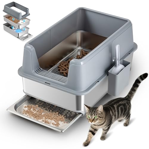 TIUUBT 23.6''x15.6''x12'' Stainless Steel Sifting Litter Box with Sifter, Pine Pellet Litter Box with Lid for Big Cats, Built-in Sifter, No Waste Bag Needed, Easy to Clean & Durable (Grey)