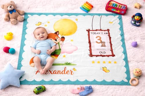 Image of Growth Keepsake Baby Blanket 51 * 43 Inch Fox Theme Custom Name Newborn Monthly Age Marker Blanket Cute Fox Print Background Soft Washable Infant Play Mat
