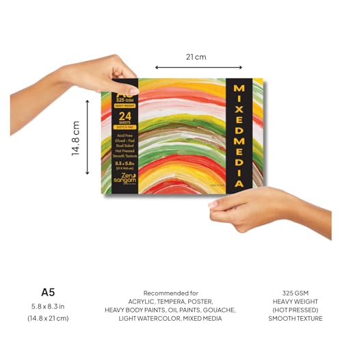 Image of Zen Sangam Artists' A5 Heavy Weight Mixed Media Glued Sketch Paper Pad - 325GSM, Hot Pressed - 24 Sheets - Smooth Texture Surface (14.8x21cm) For Heavy-body Paints, Calligraphy and Brush Pen Lettering