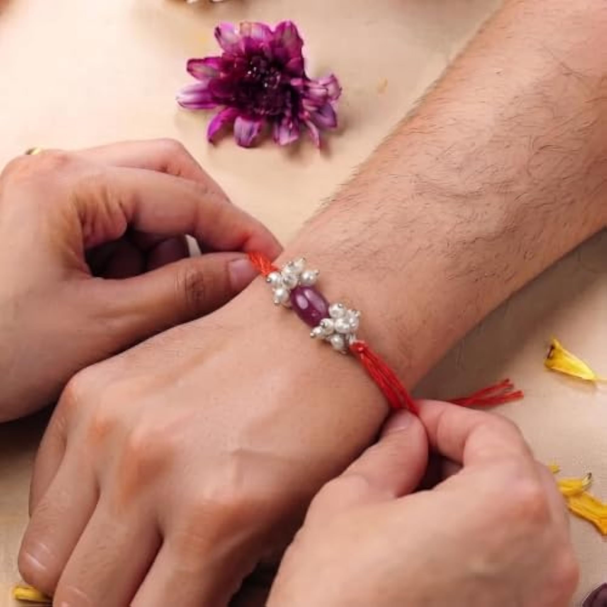 925 Sterling Silver Red Gemstone Rakhi for Brother, Handcrafted