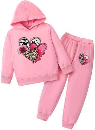 Image of Toddler Girls Heart Print Hoodie Set - Kids Cute Sweatsuit Fall Winter Sweatshirt Sweat Pants 2Pcs Outfit