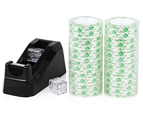 Bomei Pack Tape Dispensers Desk, 1 Pack Black With 12Rolls Transparent Tape, 1 Inch Core, For Gift Wrapping, School, Office And Home #TOP6