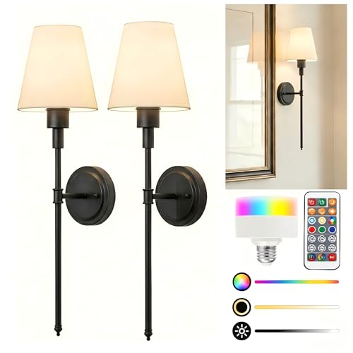 Image of L LOHAS LED Black Battery Operated Wall Sconce Set of 2, 24 Inch 15 Color Rechargeable Wireless Wall Sconces Easy to Install for Living Room